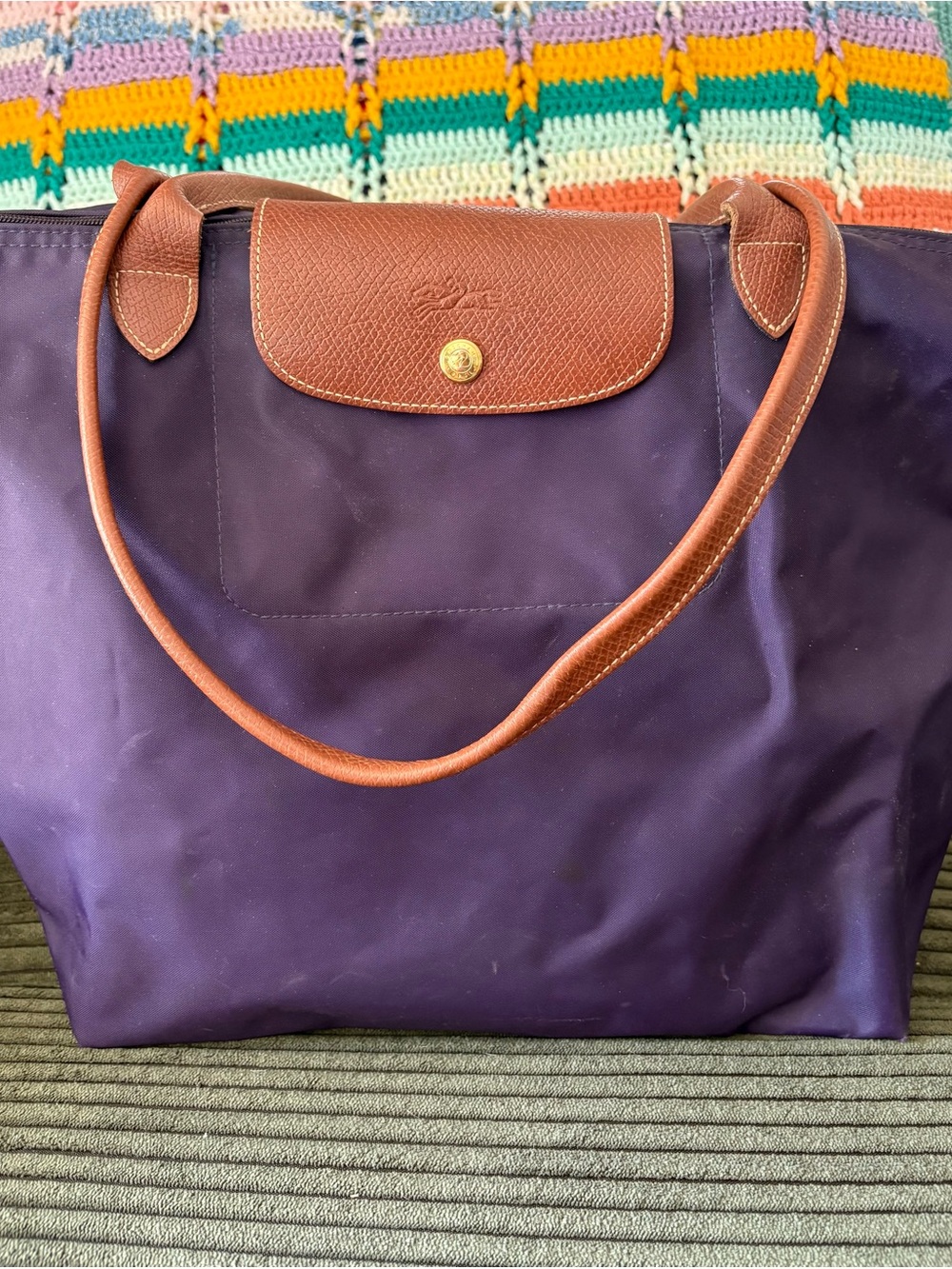 Longchamp Nylon Tote Bag in Deep Purple with Brown Trim - Picture 3 of 8
